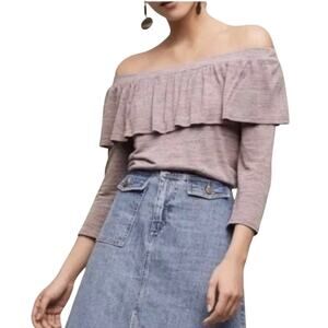Anthropologie Dolan Charla Heather Taupe Off Shoulder Ruffled Neckline Top Med